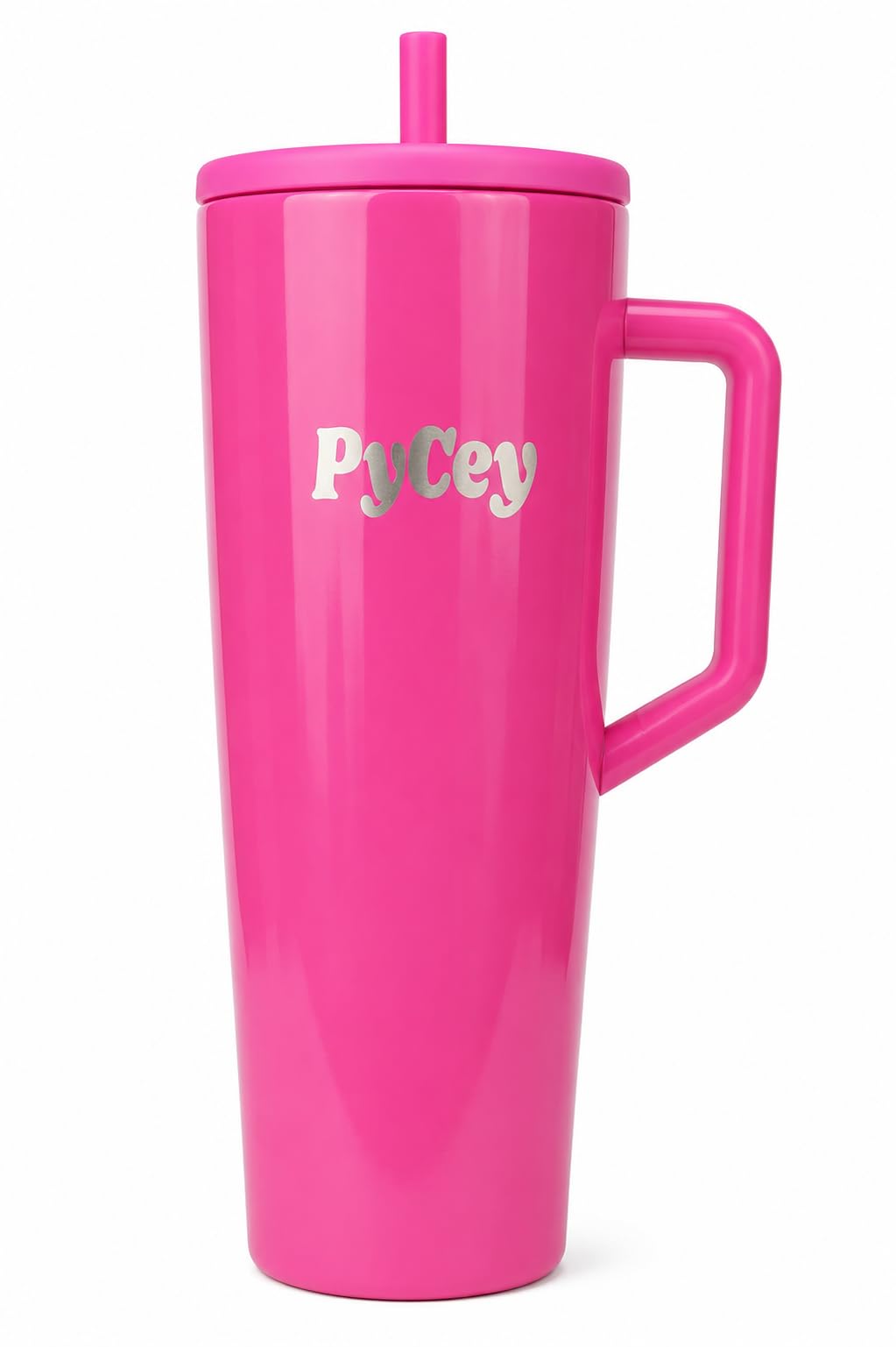 PyCey 40 oz tumbler in pink with handle and straw